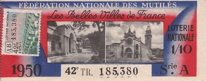 Billet de loterie nationale 1973 15e tr A Les Gueules Cassées 1/10 Imp Joséphine 