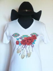 C-C- 15€- Tee shirt Blanc- Rose et Plumes- S à XXL