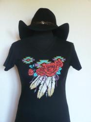 C-C- 15€- Tee shirt Noir Rose et Plumes- S à XXL